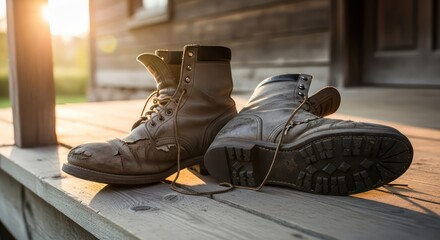 Worn leather work boots rest on a weathered wooden porch in the golden light of sunset
