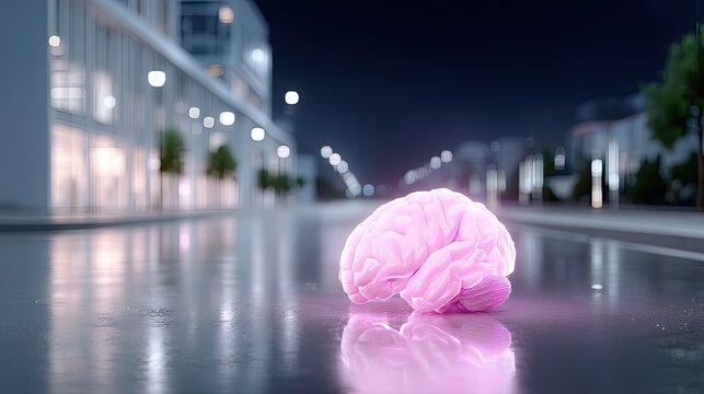 Glowing Pink Brain on Wet Asphalt Cityscape Background Artificial Intelligence Concept
