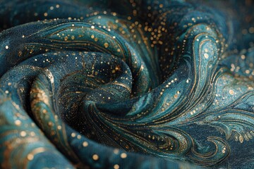 Textured fabric with swirling teal and gold patterns