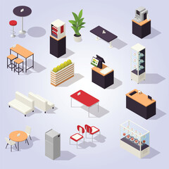 Isometric Style Detailed Restaurant Furniture and Equipment Flat Lay Design Element
