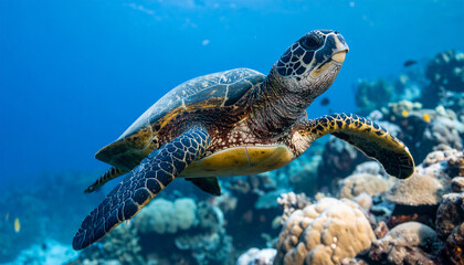 Sea Turtle Coral Reef Swim. Nature Concept. Generated Image