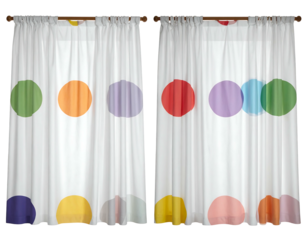 Pair of sheer curtains with a repeating pattern of colorful polka dots on a white background