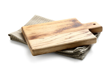 Wooden cutting board and checkered napkin on white background