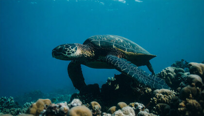 Obraz premium Sea Turtle Coral Reef Swim. Nature Concept. Generated Image