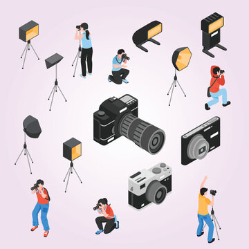 Isometric Professional and Amateur Photographer with Camera Equipment Composition Illustration