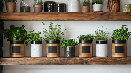 Set of ceramic and bamboo kitchen canisters with chalkboard labels arranged neatly on wooden shelf with potted herbs, cozy modern farmhouse vibe 