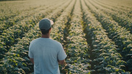 A drone operator watching the live feed from a drone flying above a soybean field, identifying areas that need attention.