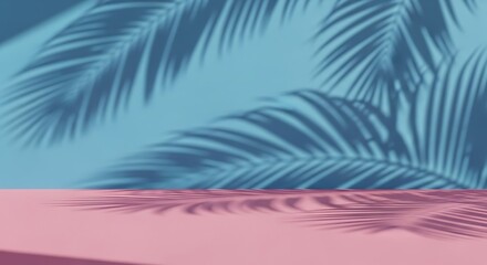 Pastel-toned display platform with tropical leaf shadows against a muted teal backdrop.