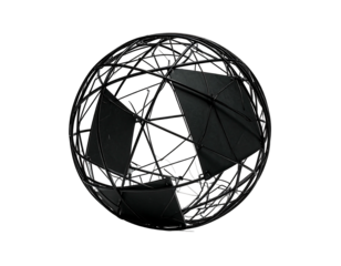 Dark sphere with intricate, segmented, metallic framework