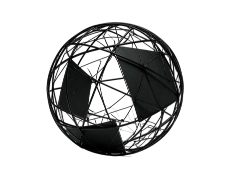 Dark sphere with intricate, segmented, metallic framework