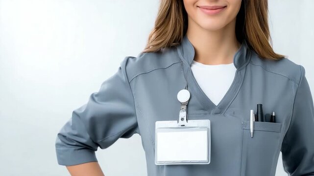 Professional with a Nametag: A focused health care worker with badge and smiling face, standing confidently in a medical environment, perfect for healthcare and medical visuals.