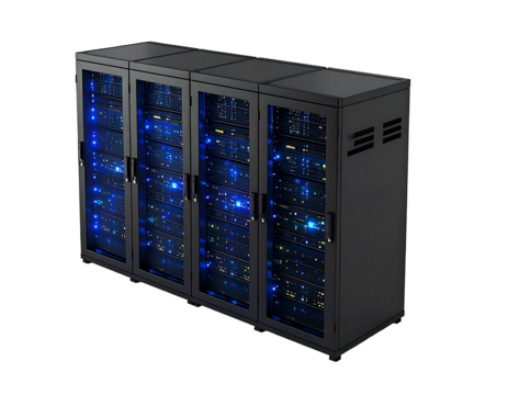Dark server racks with lit components