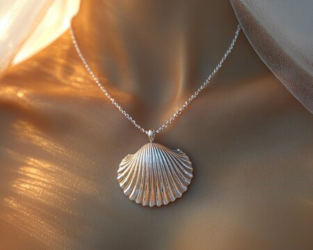 Delicate seashell pendant against a soft, golden background