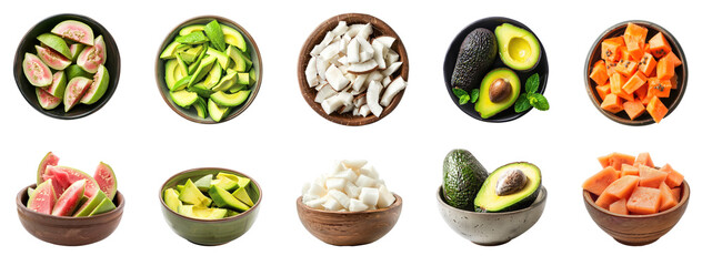 Collection of Sliced of tropical fruit in bowl front view isolate on transparency background