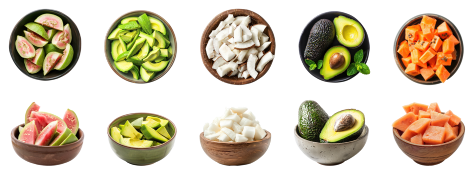 Collection of Sliced of tropical fruit in bowl front view isolate on transparency background - Powered by Adobe