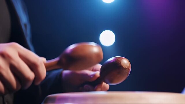 Close-up of Hands Playing Wooden Maracas with a Conga Drum in Slow Motion