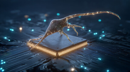 Biologically Inspired Glowing Circuit Board: Neuron or Leaf Vein Structure with Dim Light on Deep Blue, Abstract Tech Aesthetics for Reports