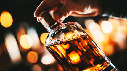 Holding the Elixir: A close-up shot captures a hand holding a bottle of amber liquid, against a backdrop of inviting bokeh lights, evoking warmth and luxury. 