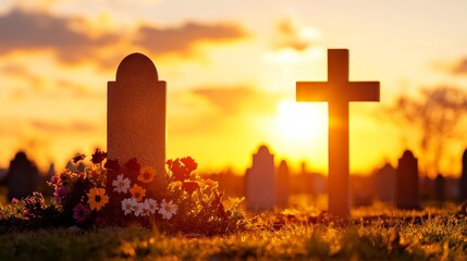 Eternal Rest at Sunset: A cemetery bathed in the warm, ethereal glow of the setting sun, capturing a serene scene of remembrance and reflection.
