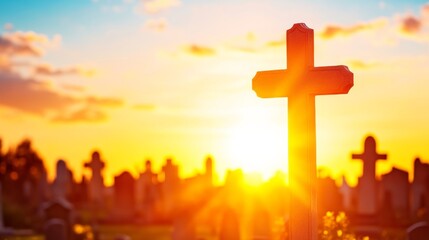 A Solemn Cross: A symbolic depiction of faith and hope as a solitary cross stands silhouetted against a breathtaking sunset, amidst a sea of tombstones, capturing themes of spirituality, eternity.
