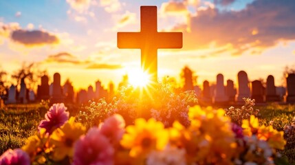 Embracing Eternal Rest: A radiant cross stands as a beacon of hope against a backdrop of a tranquil graveyard, with flowers in full bloom. The radiant sun bathes the scene in a warm glow.
