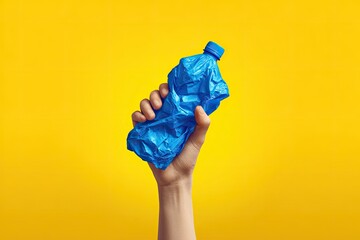 A hand holding a crumpled blue plastic water bottle against a bright yellow background