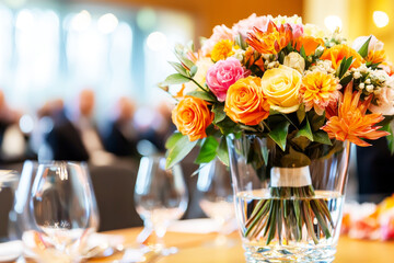 Floral Elegance at Event: A vibrant bouquet of blossoms graces a table setting at a formal event, creating a welcoming atmosphere, perfect for any occasion.