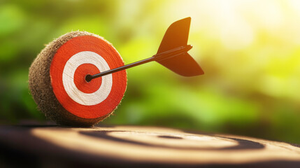 Bullseye Success: A close-up shot reveals a single arrow piercing the bullseye of a target, a metaphor for goal achievement, precision.