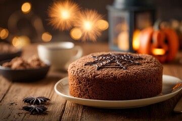 Fototapeta premium Halloween treat a chocolate cake with spiderweb frosting on a wooden table beside anise stars a lantern and a jackolantern