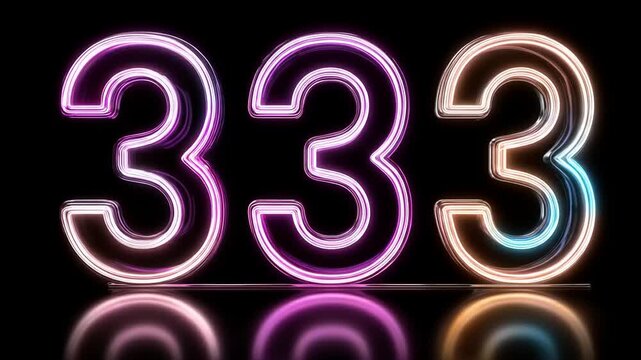 Vibrant neon numbers 333, displayed against a black backdrop, create a striking visual effect.