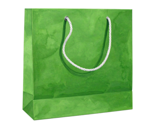 A vibrant green paper shopping bag with white drawstrings
