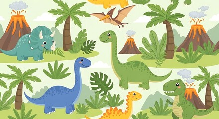 Cartoon dinosaurs and volcanoes in a prehistoric jungle landscape