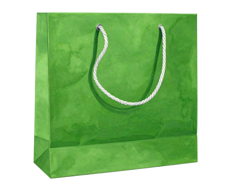 A vibrant green paper shopping bag with white drawstrings