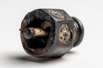 Close-up of a small, weathered wooden spinning top