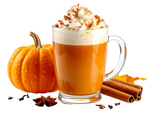 Autumnal pumpkin spice latte in glass mug, with pumpkin, cinnamon, and spices