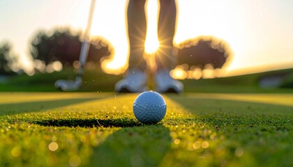 green, golf, ball, club, course, grass, sport, golfing, fairway. golf ball putting player, golf ball spinning to the hole on the green of the golf course with the early light of sunset.