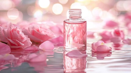 Glass bottle of lotion floating in rosewater, petals and reflections around, spa-inspired Stock photo --ar 16:9 --quality 2 --raw --v 6.1 Job ID: c286de5d-a7e6-455e-8ba6-60c8ddb492ee