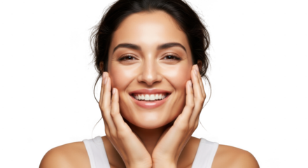 A closeup portrait of a smiling woman with her hands on her cheeks, looking at the camera, isolated on transparent background
