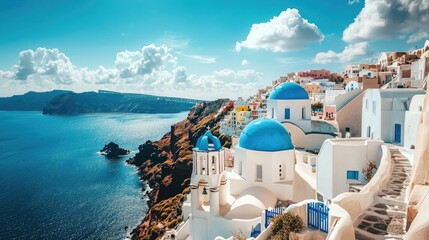 Fototapeta premium Scenic Greek Island Cliffside Village with Blue Domes and Whitewashed Houses by the Sea