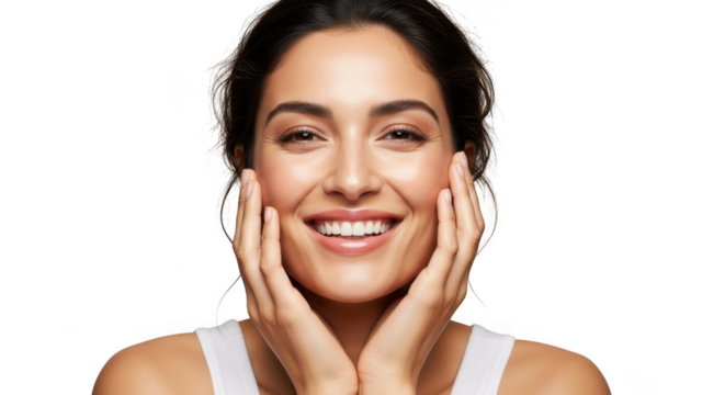 A closeup portrait of a smiling woman with her hands on her cheeks, looking at the camera, isolated on transparent background