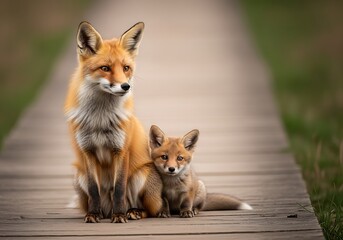 Obraz premium A red fox mother and her cub sitting on a wooden path in a natural environment