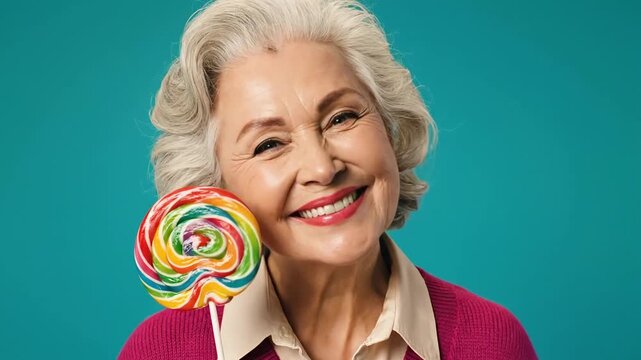 Cheerful senior woman smiling holding colorful lollipop candy sweet dessert treat expressing positive emotions fun leisure in studio against blue background