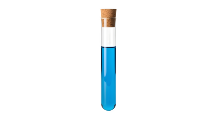 Test tube filled with blue liquid isolated on transparent background, a common laboratory glassware used for scientific experiments and chemical analysis