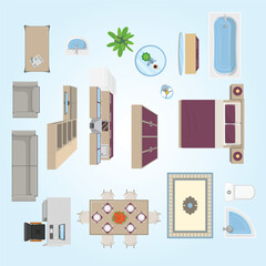 Flat Style Detailed Furniture Arrangement Top View Illustration