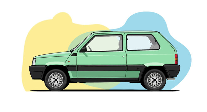 Flat vector side view of Fiat Panda 1980s model, painted in mint green with black bumpers
