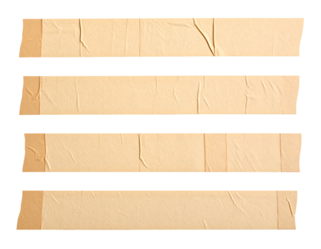 Four strips of crumpled, off-white adhesive tape