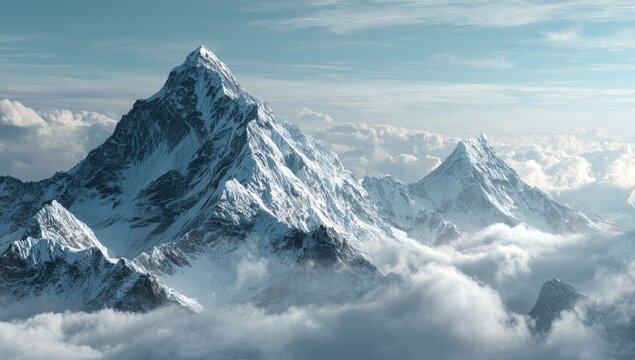 Majestic snow-capped peaks above swirling clouds