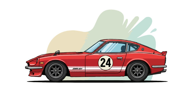 Vector artwork of Nissan Fairlady Z classic race car, side profile, red and white racing livery with number decal