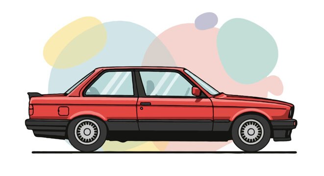 Flat vector illustration of BMW E30 coupe, side profile, two-tone red and black