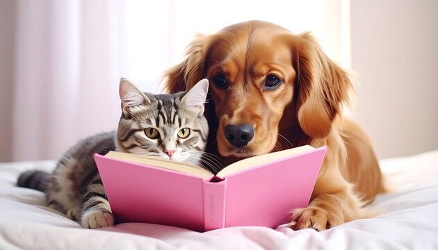 Two pets lie together on a bed, reading a pink book